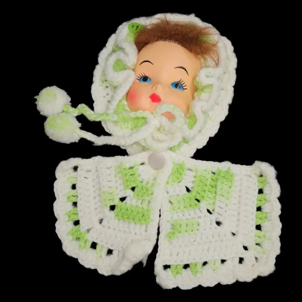 Vintage Crochet Doll Potholder Set Handmade White Green Kitchen Decor 3 Pc